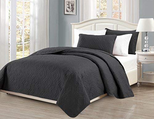 Fancy Collection 3pc King/California King Oversize Bedspread Coverlet Set Embossed Solid Dark Gray/Charcoal New