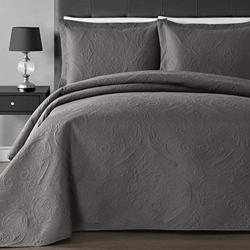 Comfy Bedding Extra Lightweight and Oversized Thermal Pressing Floral 3-piece Coverlet Set (King/Cal King, Grey)