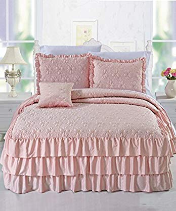 Home Soft Things Serenta 4 Piece Matte Satin Ruffle Quilted Bedspread Set, Queen, Pink