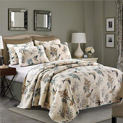 Beddinginn Bird Quilt Set Beige Floral Pattern Bedspread Quilt Coverlet Set 3pcs Quilt Set Queen