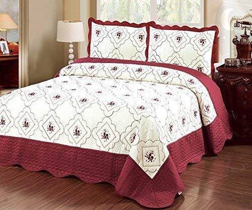 Homemusthaves 3 Piece Red White Green Floral Contemporary Bedspread Bed Cover Embroidery Quilt 101 (King)