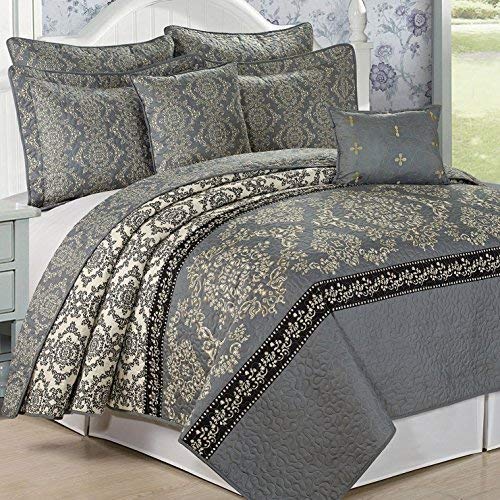 Home Soft Things Serenta 7 Piece Printed Microfiber Bedspread Quilts Set, King, Mystic Charcoal