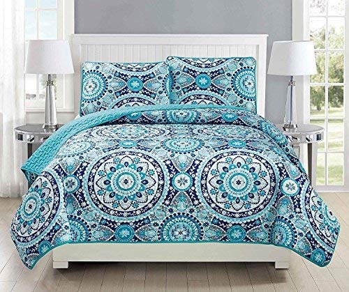 Fancy Collection 3pc King/California King Oversize Quilted Bedspread Coverlet Set Floral Turquoise Blue Gray Teal New