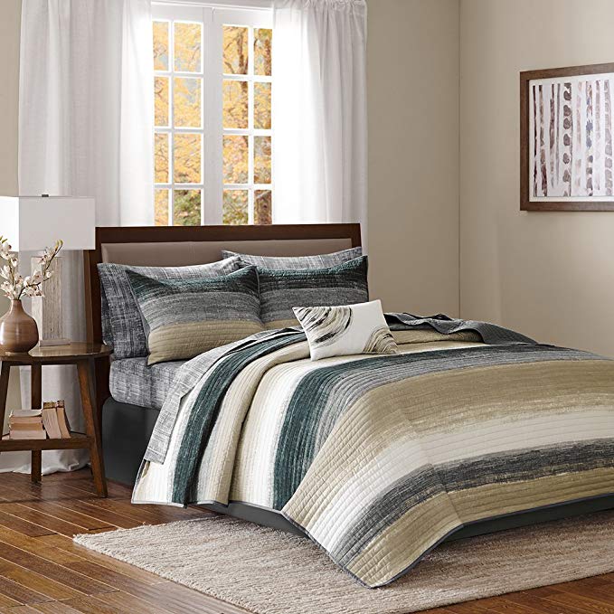 Madison Park Essentials Saben Queen Size Quilt Bedding Set - Taupe, Striped – 8 Piece Bedding Quilt Coverlets – Ultra Soft Microfiber Bed Quilts Quilted Coverlet