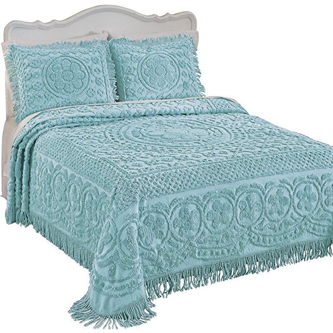 Collections Etc Calista Chenille Lightweight Bedspread with Fringe Border, Turquoise, King