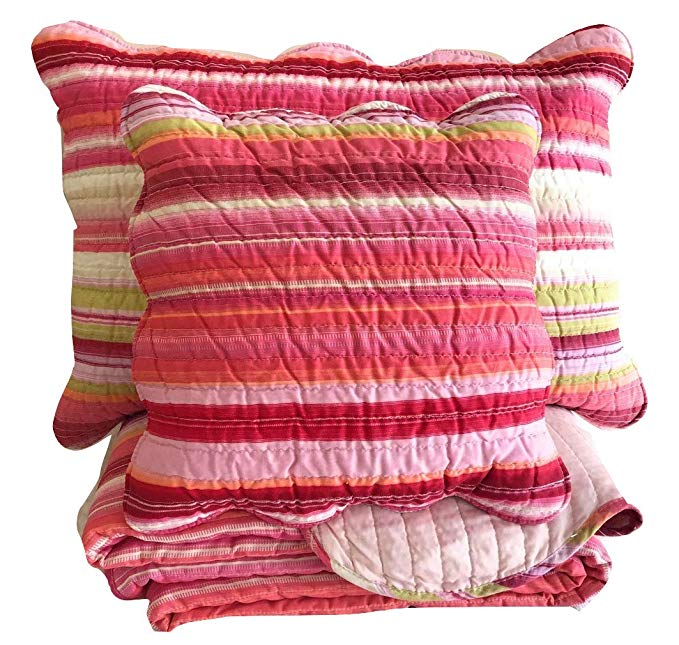 DaDa Bedding Striped Bedspread Set - Reversible Stunning Red Multi-Colored Bright Vibrant - Queen - 5-Pieces