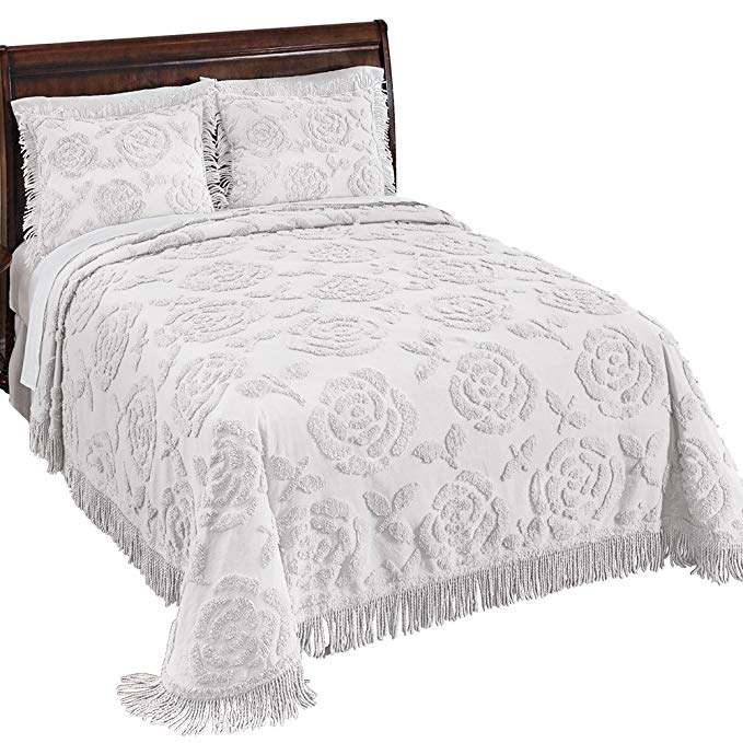 Collections Etc Rose Blossom Chenille Lightweight Bedspread, White, King