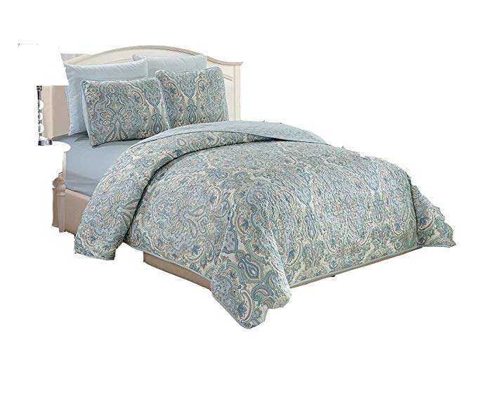 Cozi Home 6 Piece Baby Blue Gray White Medallion Pattern Reversible Bedspread Quilt Sheet Set King