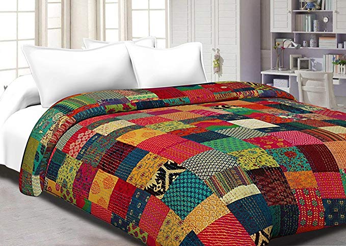 Jaipuri Haat Handmade Indian Rural Pure Cotton Vintage Floral Print Double Bed Spread Gudri Kantha Quilt/AC Summer Blanket