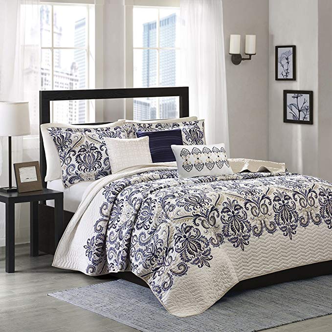 Madison Park Cali King/Cal King Size Quilt Bedding Set - Navy, Ivory, Paisley Damask – 6 Piece Bedding Quilt Coverlets – Ultra Soft Microfiber Bed Quilts Quilted Coverlet