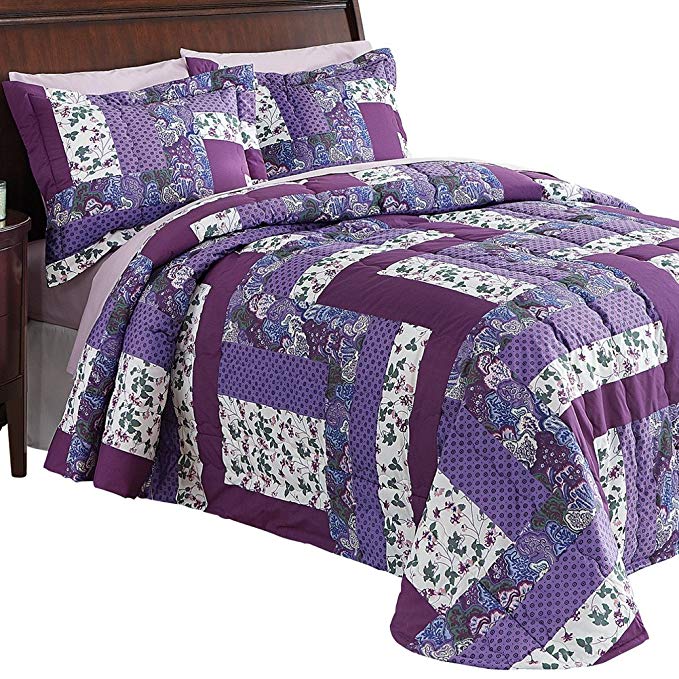 Collections Etc Caledonia Lavender Floral Patchwork Quilted Medium-Weight Bedspread, Purple, Queen