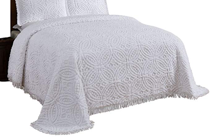 Better Trends/ Pan Overseas Wedding Ring Chenille Bedspread, Queen, White