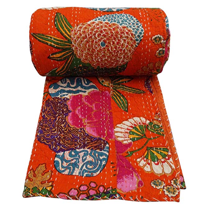 Floral Print Decorative Kantha Stitch Quilt Pure Cotton Reversible Bedspread Orange Gudri Queen Size Bedspread