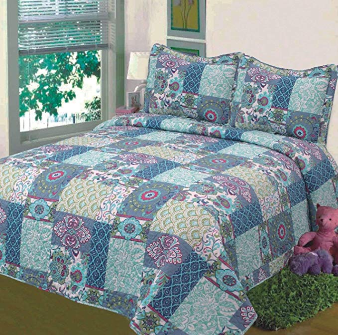 Fancy Collection 3pc Bedspread Bed Cover Floral Blue Teal Green New #78 King/california King Over Size 118