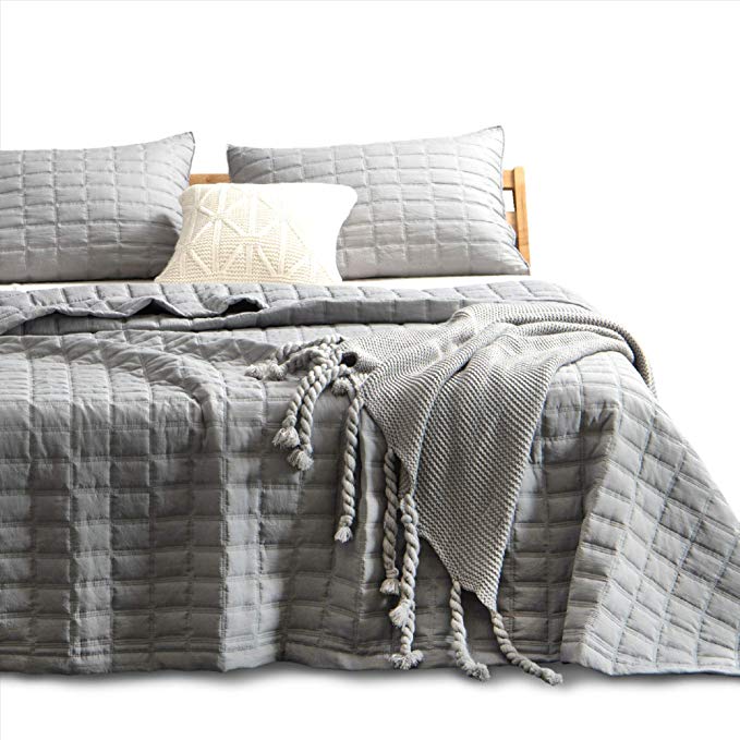 Kasentex Quilt-Bedding-Coverlet-Blanket-Set, Machine Washable, Ultra Soft, Lightweight, Stone-Washed, Detailed Stitching - Hypoallergenic - Solid Color, Full/Queen + 2 Shams, Dark Grey