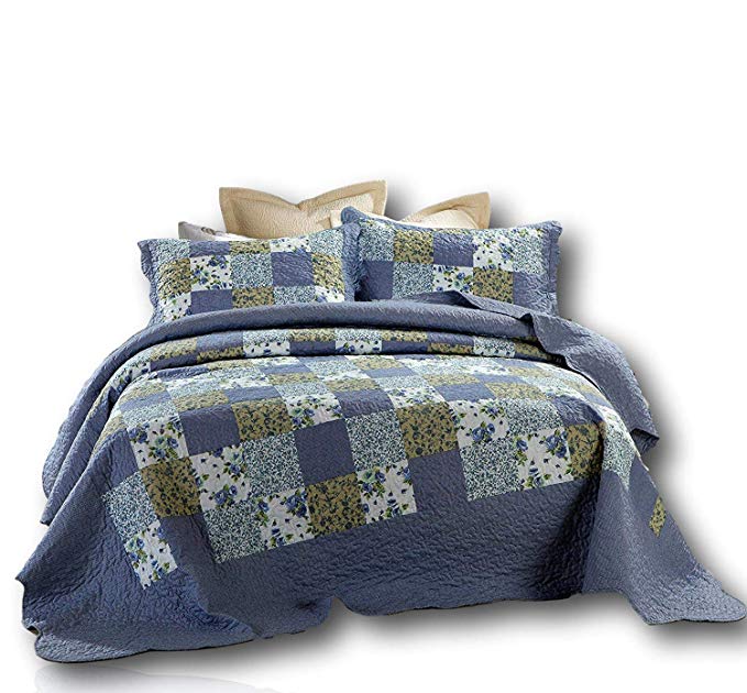 Dada Bedding Patchwork Bedspread Set - Blueberry Floral Plaid Checkered Quilted Coverlet - Twin - 2-Pieces