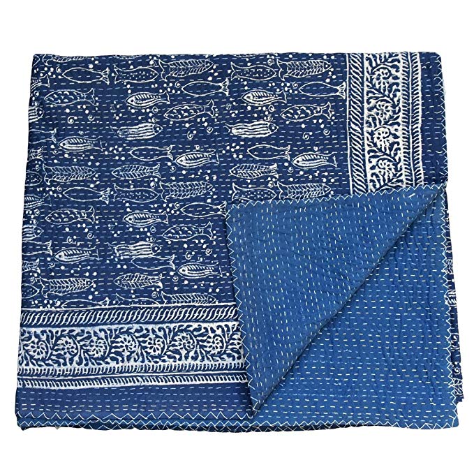 Indigenous Handicrafts Kantha worked, Hand Block Printed, Reversible, Cotton, Dark Blue Bedspread or Throw Blanket or quilt , 90 X 108 Inches