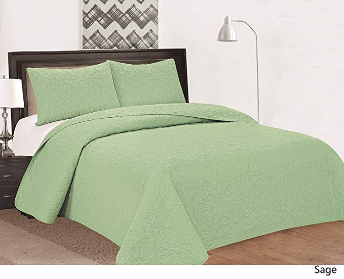 Royal Home Decor 3-pc Bedspread Set with Medallion Pattern (Queen, Sage)