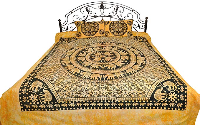 Batik-Dyed Bedsheet from Pilkhuwa with Printed Mandala of Elephants - Pure Cotton with Pillow Covers - Color Raven Black Color