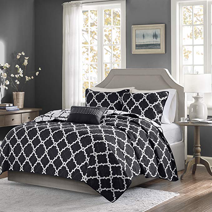 Madison Park Essentials Merritt Full/Queen Size Quilt Bedding Set - Black, Geometric – 4 Piece Bedding Quilt Coverlets – Ultra Soft Microfiber Bed Quilts Quilted Coverlet