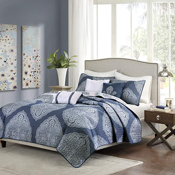 Madison Park Rachel Full/Queen Size Quilt Bedding Set - Navy, Medallion – 6 Piece Bedding Quilt Coverlets – Ultra Soft Microfiber Bed Quilts Quilted Coverlet