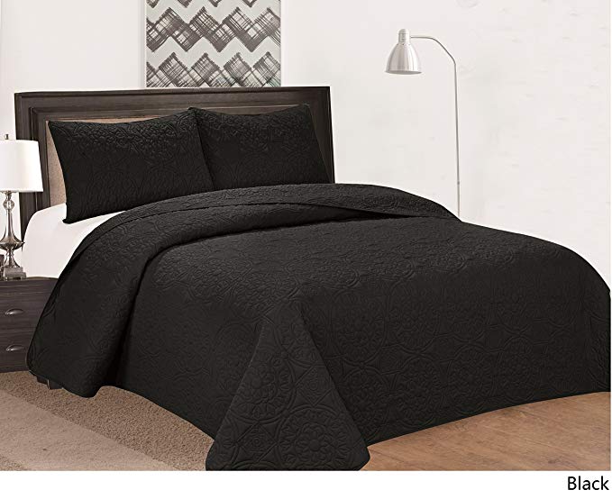 Royal Home Decor 3 Piece Bedspread Set with Medallion Pattern (King, Black)