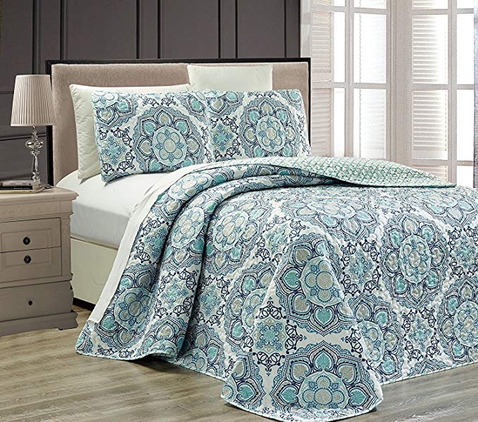 Mk Collection 3pc Queen Oversize Reversible Quilted Bedspread Set Floral Light Blue White Gray Navy Blue New