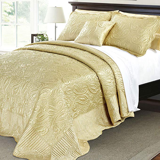 Home Soft Things Serenta Quilted Satin 4 Piece Bedspread Set, King, Gold