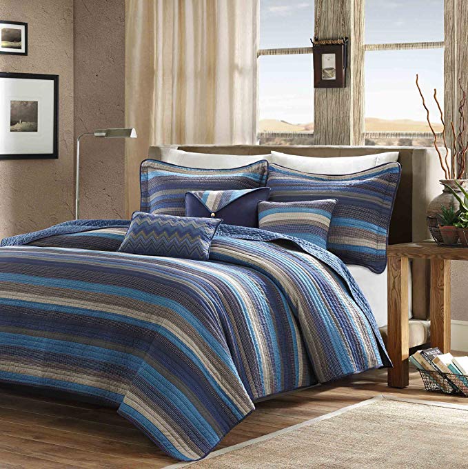 Madison Park Yosemite Full/Queen Size Quilt Bedding Set - Blue, Striped – 6 Piece Bedding Quilt Coverlets – Cotton Bed Quilts Quilted Coverlet