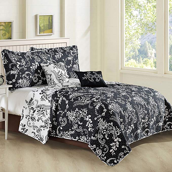 Home Soft Things 5 Piece LA Boheme Quilted Printed Bed Spread, Oversize King, Black