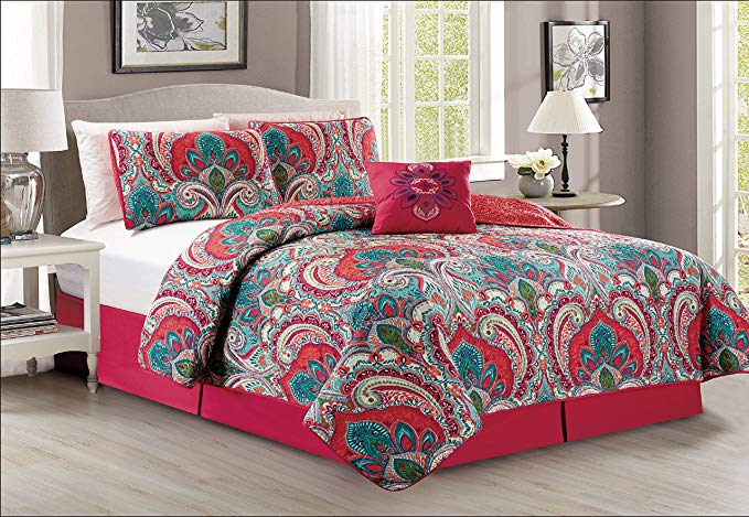 Mk Collection 5 pc Bedspread coverlet quilted Reversible Floral Pink Blue Off White Green New #195 (California King)