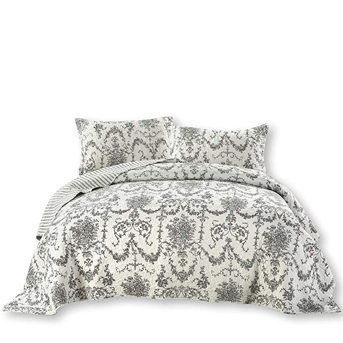 DaDa Bedding Damask Victorian Candelabra - Elegant Jacquard Coverlet Bedspread Set - Bright Vibrant Floral Black & White - King - 3-Pieces