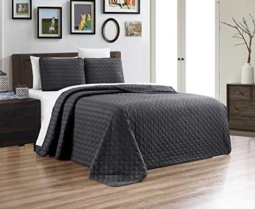 3-Piece Dobby Stripe Oversize Set Reversible Bedspread FULL/QUEEN SIZE Bed Cover (Grey/Gray) Coverlet and Shams, Hypo-allergic and Lightweight