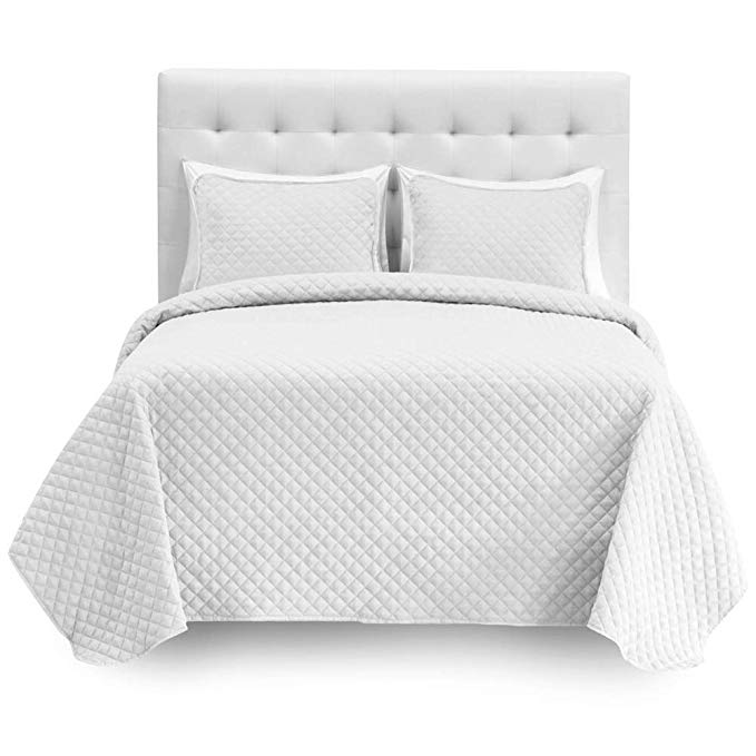 Bare Home Premium Diamond Stitched 3 Piece Coverlet Set - Ultra-Soft Luxurious Lightweight All Season Bedspread (Full/Queen, White)