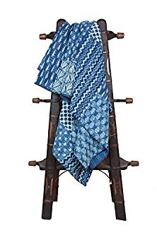 Indigo Color Hand Block Printed Kantha Quilt Throw, Patchwork Cotton Bedspread 90