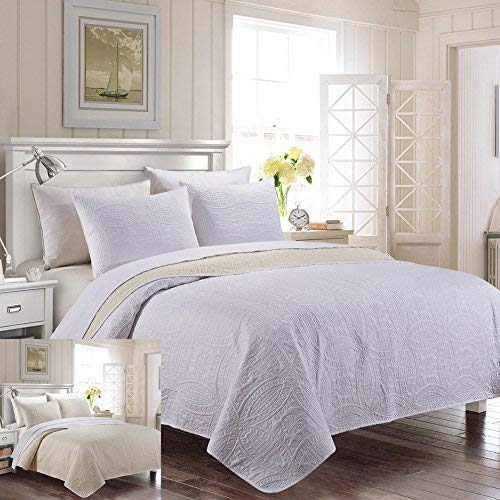 3-Piece Reversible King / Cal King Bedspread White / Ivory Coverlet Embossed Bed Cover set