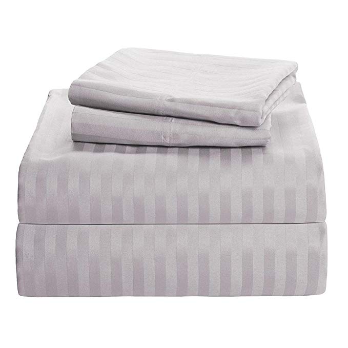 Linenaffairs Egyptian Cotton 400-Thread-Count 4 PCs Bed Sheets Set 15 Inch Drop Ultra Soft - Elegant & Comfort ( Light Grey Striped, King-XL )