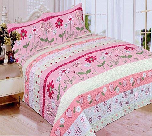 Fancy Collection 3pc Full Size Bedspread Set Flowers Hearts Pink White Green New