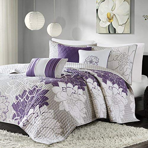 Madison Park Lola King/Cal King Size Quilt Bedding Set - Purple, Grey, Floral, Flowers – 6 Piece Bedding Quilt Coverlets – Cotton Sateen, Cotton Poly Crossweave Bed Quilts Quilted Coverlet