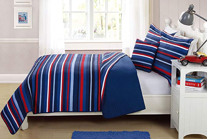 Mk Collection 4pc Full Size Reversible Coverlet Bedspread Set Striped Navy Blue Red White Light Blue New