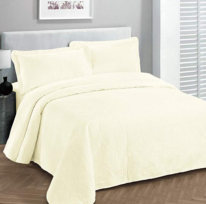 Mk Collection 3pc Full/Queen Oversize Luxurious Embossed Coverlet Bedspread Set Solid Ivory