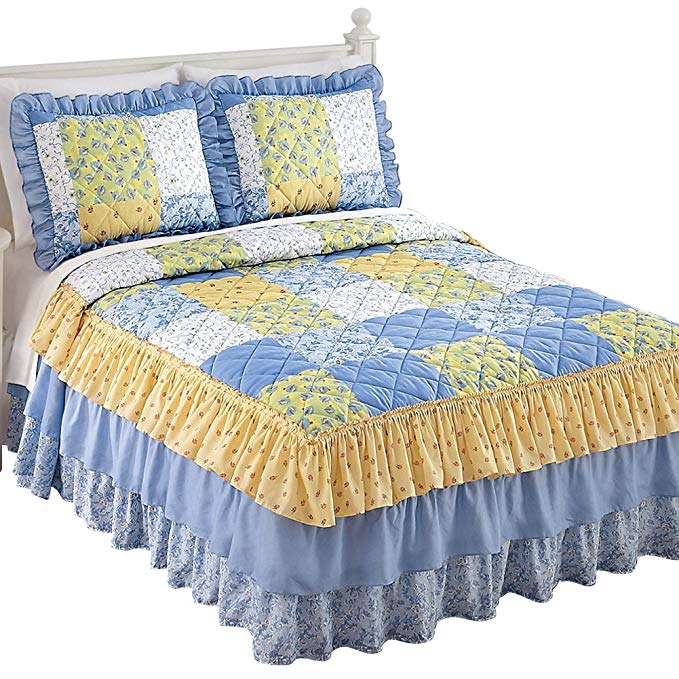 Collections Etc Andrea Blue Yellow and White Floral Patchwork Ruffle Skirt Lightweight Bedspread, King