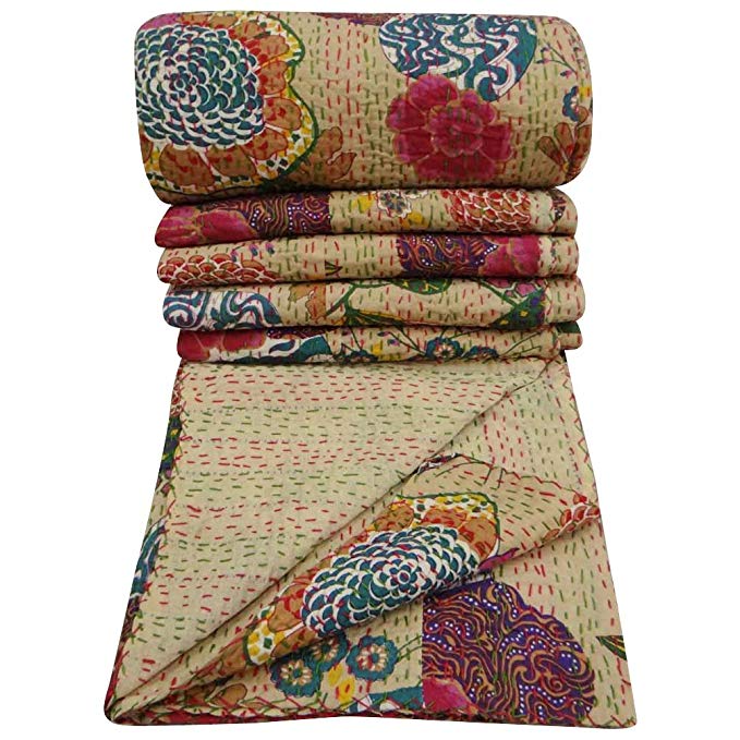 100% Cotton Quilt Floral Pattern Beige Home Décor Kantha Reverssible Bedspread Queen Size Stitch Gudri 101