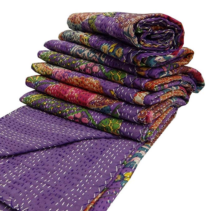 India Purple Kantha Quilt King Size Reversible Bedspread Handmade Cotton Floral Bedsheet Home Décor 106