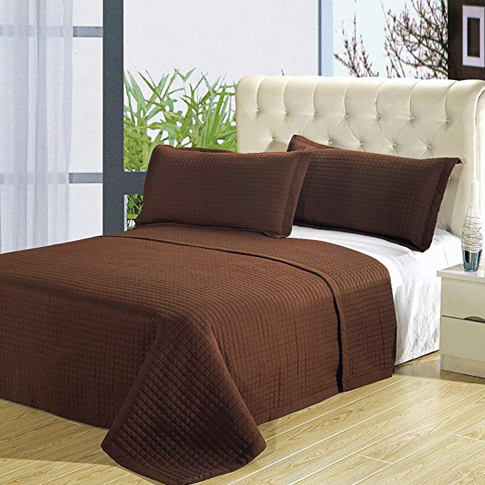 California King size Chocolate Coverlet 3pc set, Luxury Microfiber Checkered Quilted