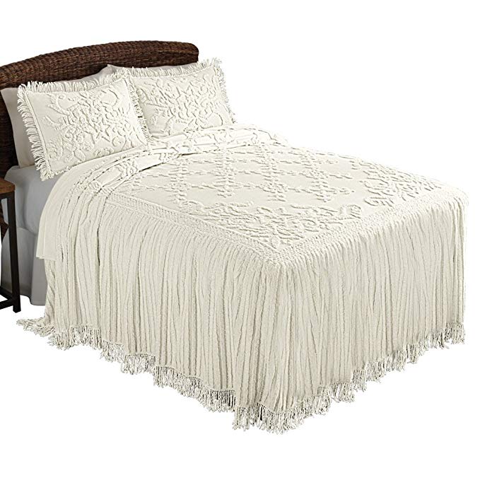 Collections Etc Romantic Floral Lattice Chenille Lightweight Bedspread with Fringe Edging, Cream, Queen