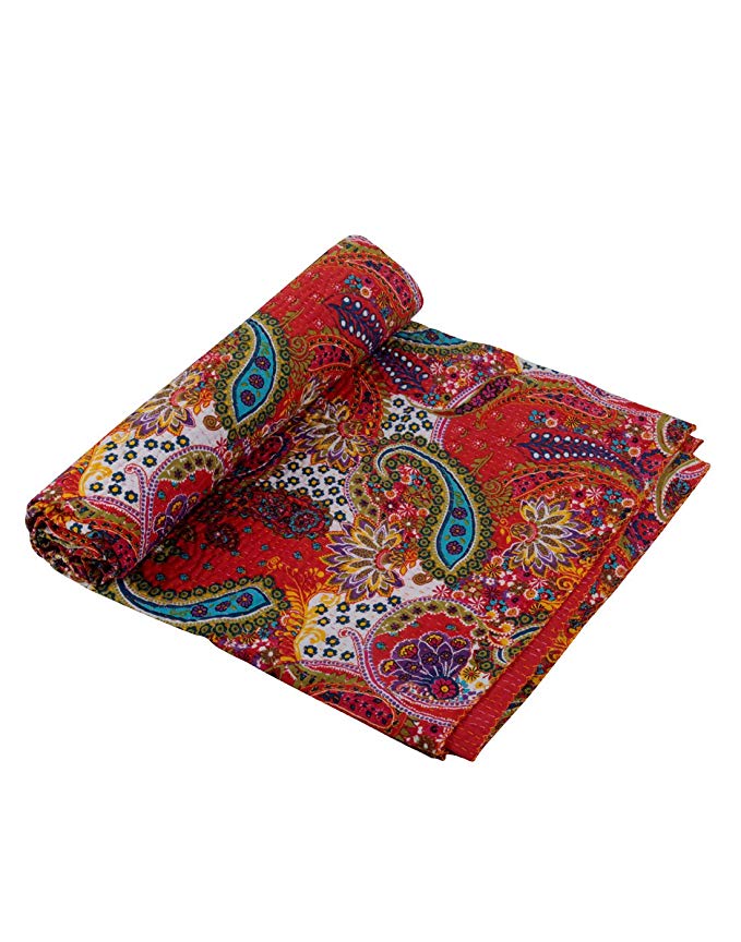 RAJRANG Paisley Print King Size Kantha Quilt, Indian Ethnic Patchwork Blanket, Reversible Vintage Decorative Throw for Sofa & Couch, Bohemian Hippie Bed Spread Sheet Beach Blanket By