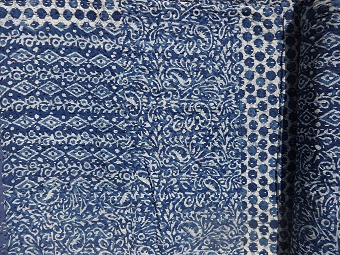 Trade Star Indigo color Hand Block Printed Kantha Quilt, Queen Size Patchwork Cotton Bedspread, Made By Artisians Of India