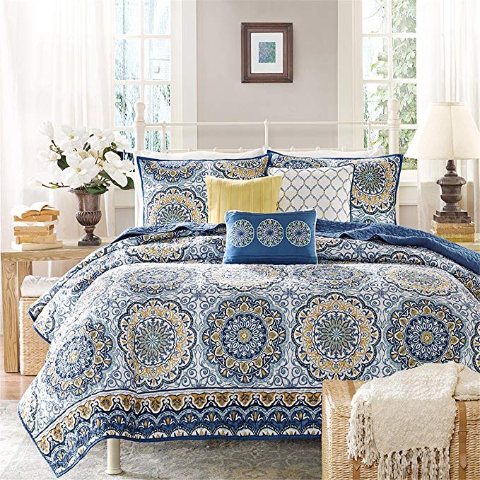 Madison Park Tangiers Full/Queen Size Quilt Bedding Set - Blue Yellow, Medallion – 6 Piece Bedding Quilt Coverlets – Ultra Soft Microfiber Bed Quilts Quilted Coverlet