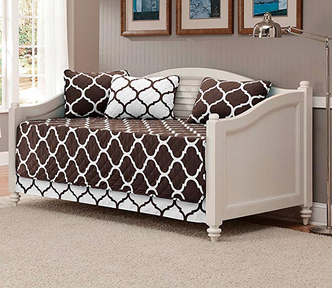 Fancy Collection 5pc DayBed Quilted Bedspread Coverlet Set Modern Geometric Coffee (Brown)/White New